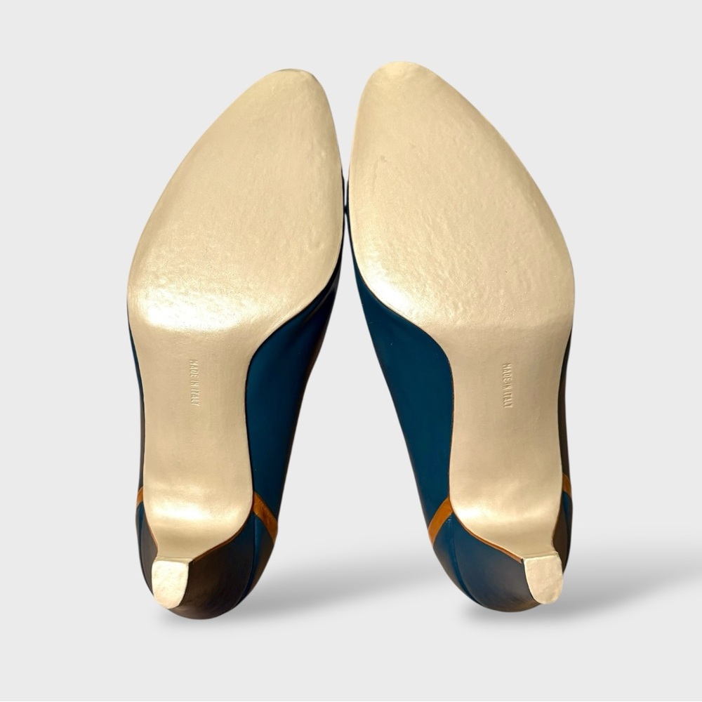 Ferragamo Women’s Teal Green Brown Trim Gold Sole Classic Heels Sz 7.5D - Picture 9 of 14